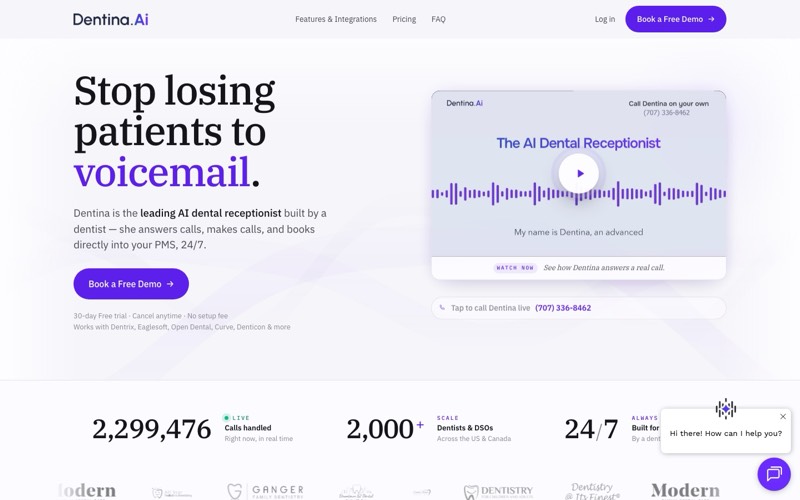 Dentina.AI homepage screenshot - 24/7 AI dental receptionist