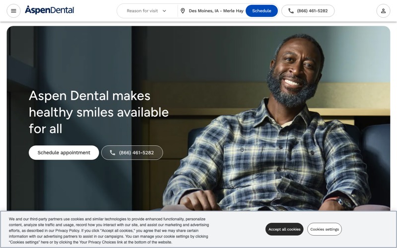 Aspen Dental homepage screenshot
