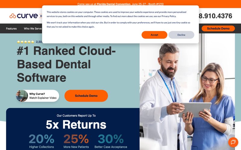 Curve Dental cloud-based dental software homepage screenshot