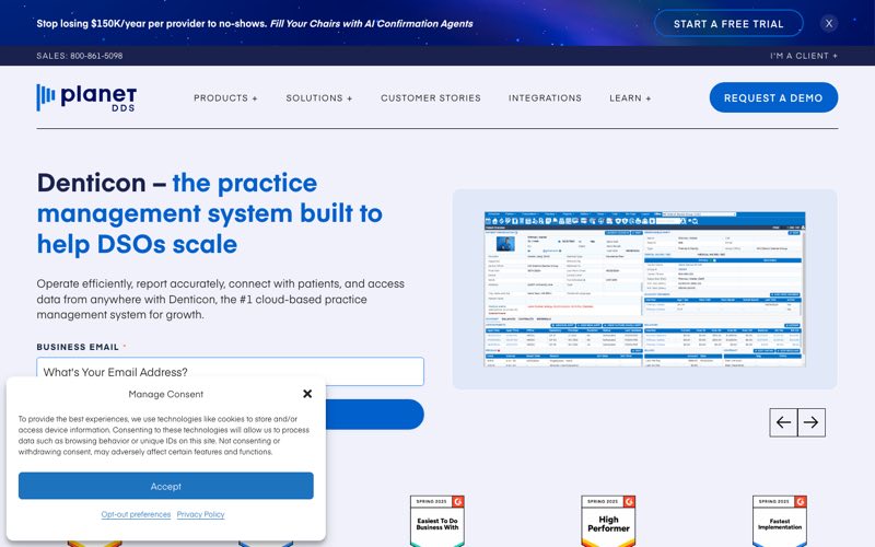Denticon cloud dental PMS for DSOs homepage screenshot