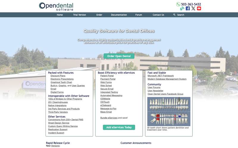 Open Dental dental PMS homepage screenshot