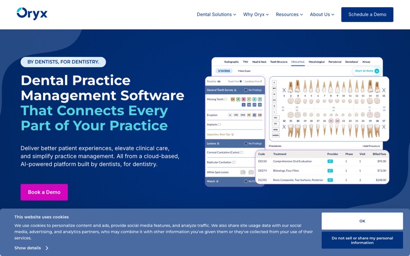 Oryx Dental cloud-based dental PMS homepage screenshot