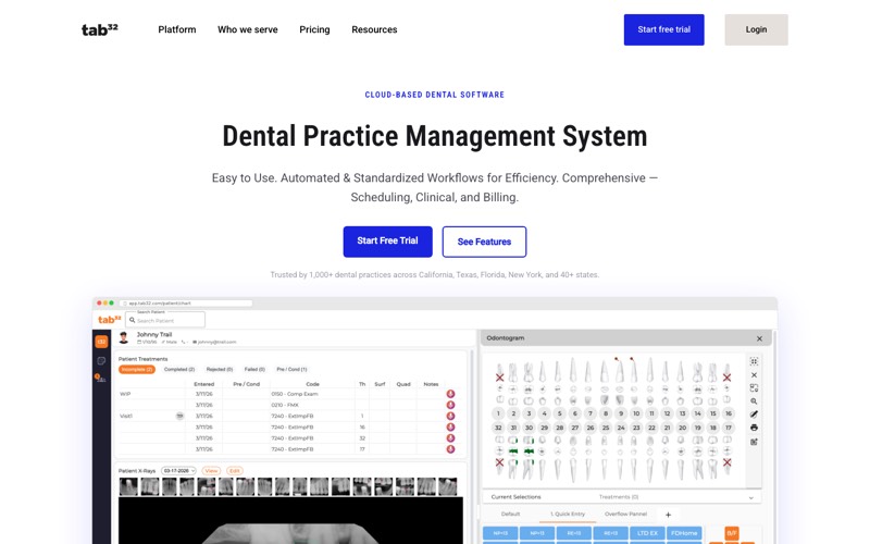 tab32 cloud-native dental PMS homepage screenshot