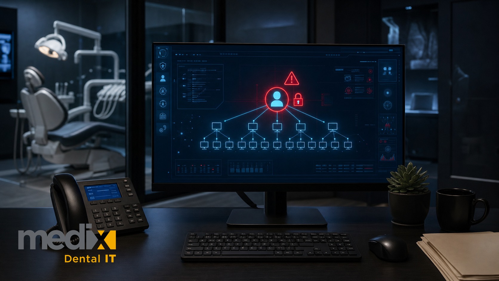Dark dental office desk with a monitor showing a compromised IT vendor account connected to a fleet of computers