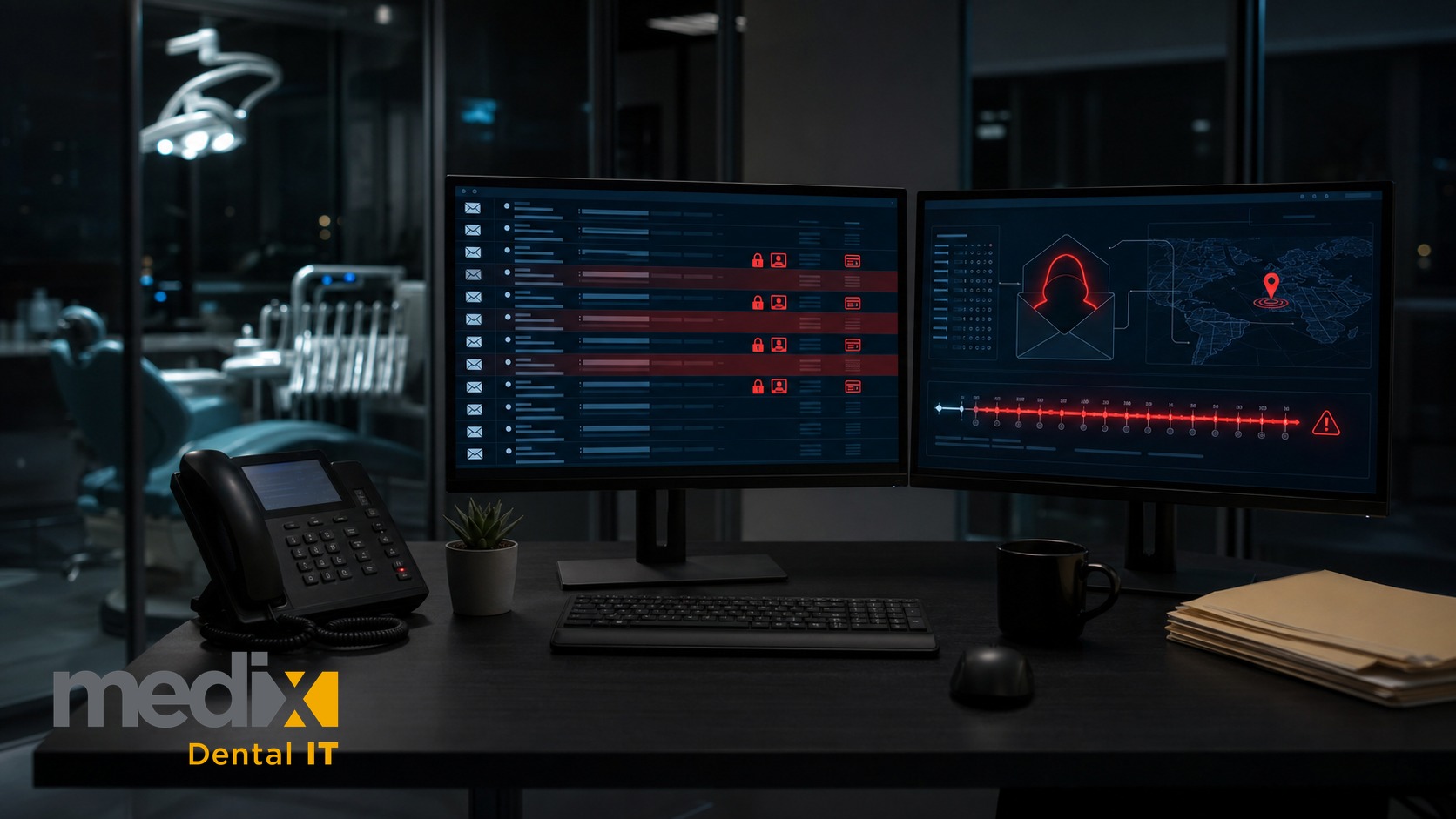 Dark dental office desk with dual monitors showing compromised email inboxes and a prolonged account takeover timeline