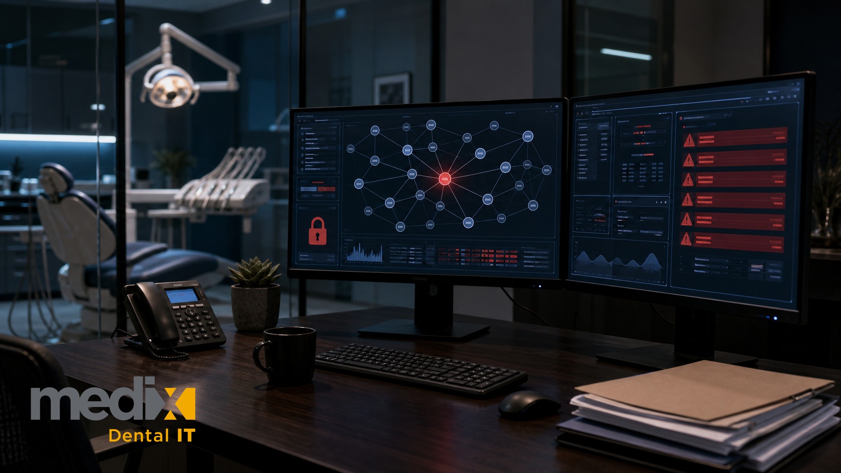 Dark dental office with monitors showing a vendor supply-chain network with one compromised node and security alerts
