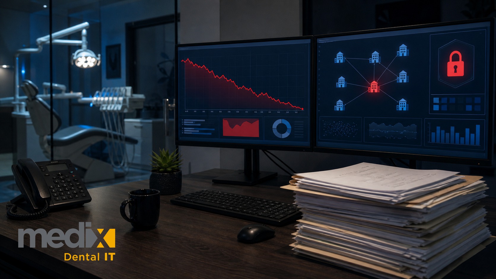 Dark dental office with monitors showing a declining red cost chart and a network of dental practice icons with one breached, beside a stack of contracts