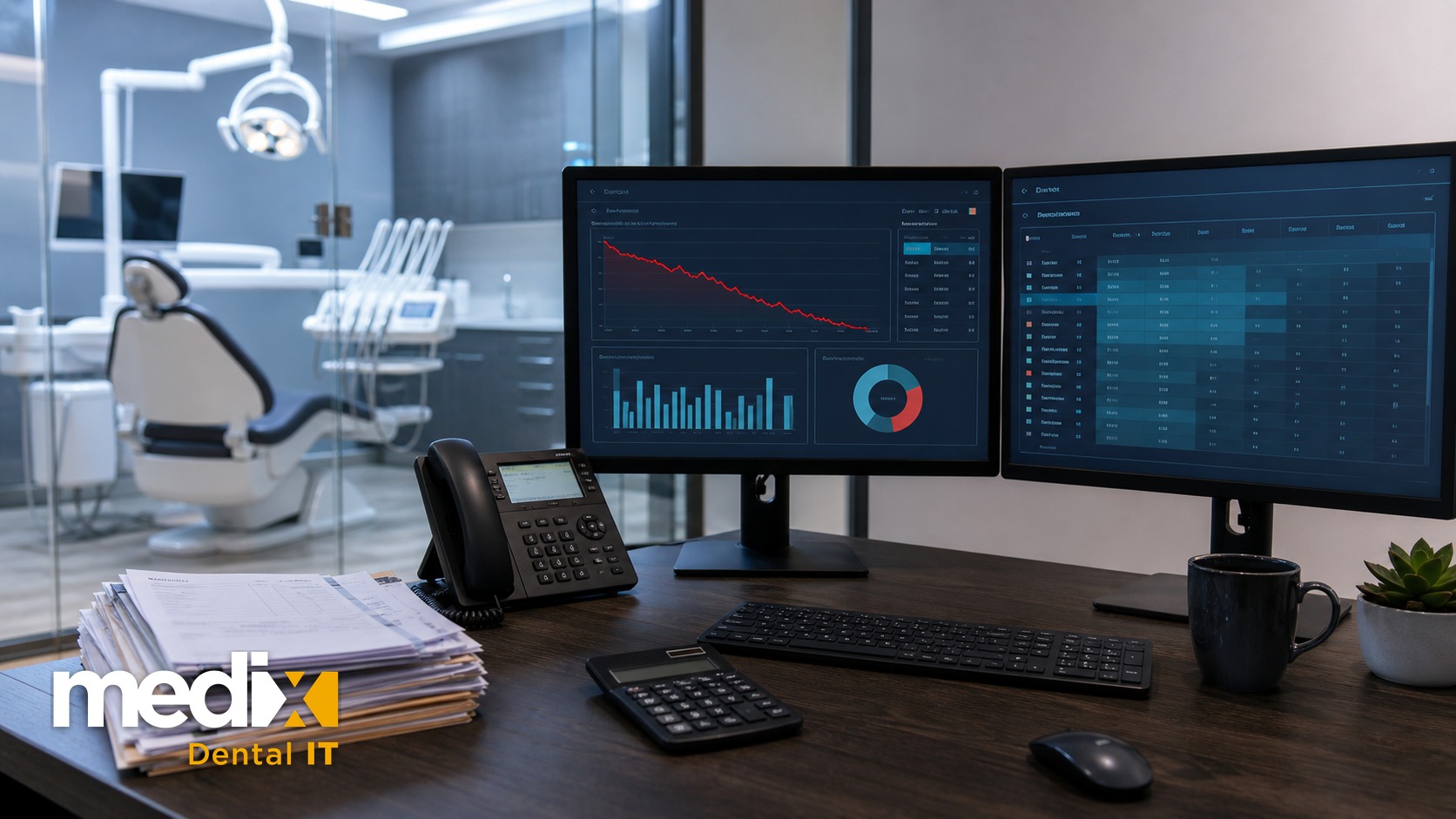 Dental office desk with dual monitors showing a declining IT cost dashboard and invoices, Medix Dental IT