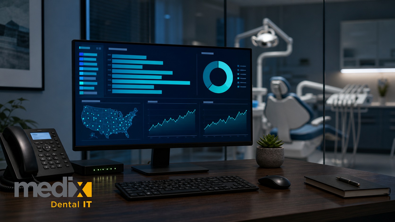 Dental practice office with an analytics dashboard showing a bar chart comparison, donut chart, and a US map with data points