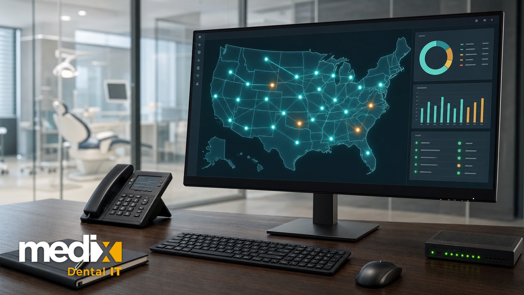 Dental office desk with a monitor showing a multi-location US network map dashboard, Medix Dental IT
