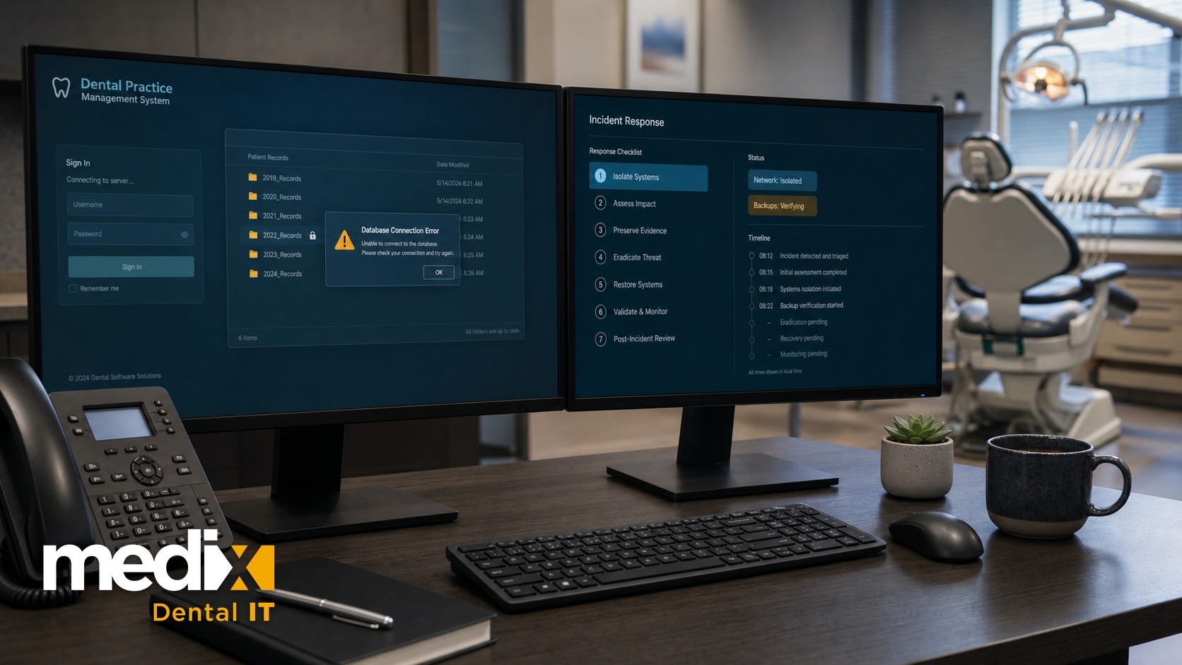 Dental practice management software showing a database connection error beside an incident-response checklist on dual monitors during a ransomware attack