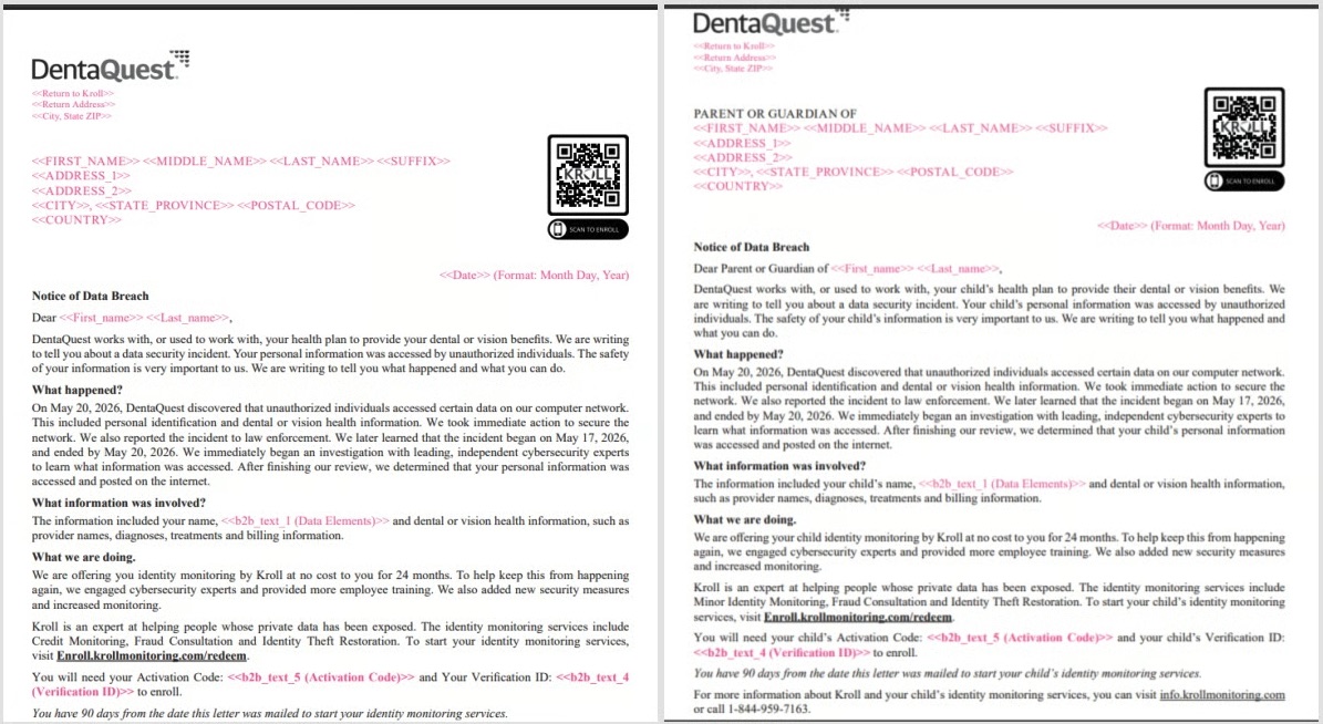 DentaQuest data breach notification letters sent to affected members and to parents or guardians of minors