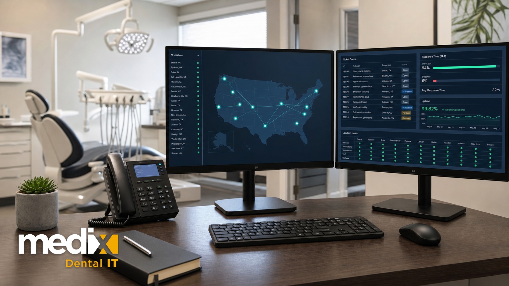 Multi-location DSO IT support dashboard showing a US map with office location pins and a centralized helpdesk ticket queue on dual monitors in a dental office