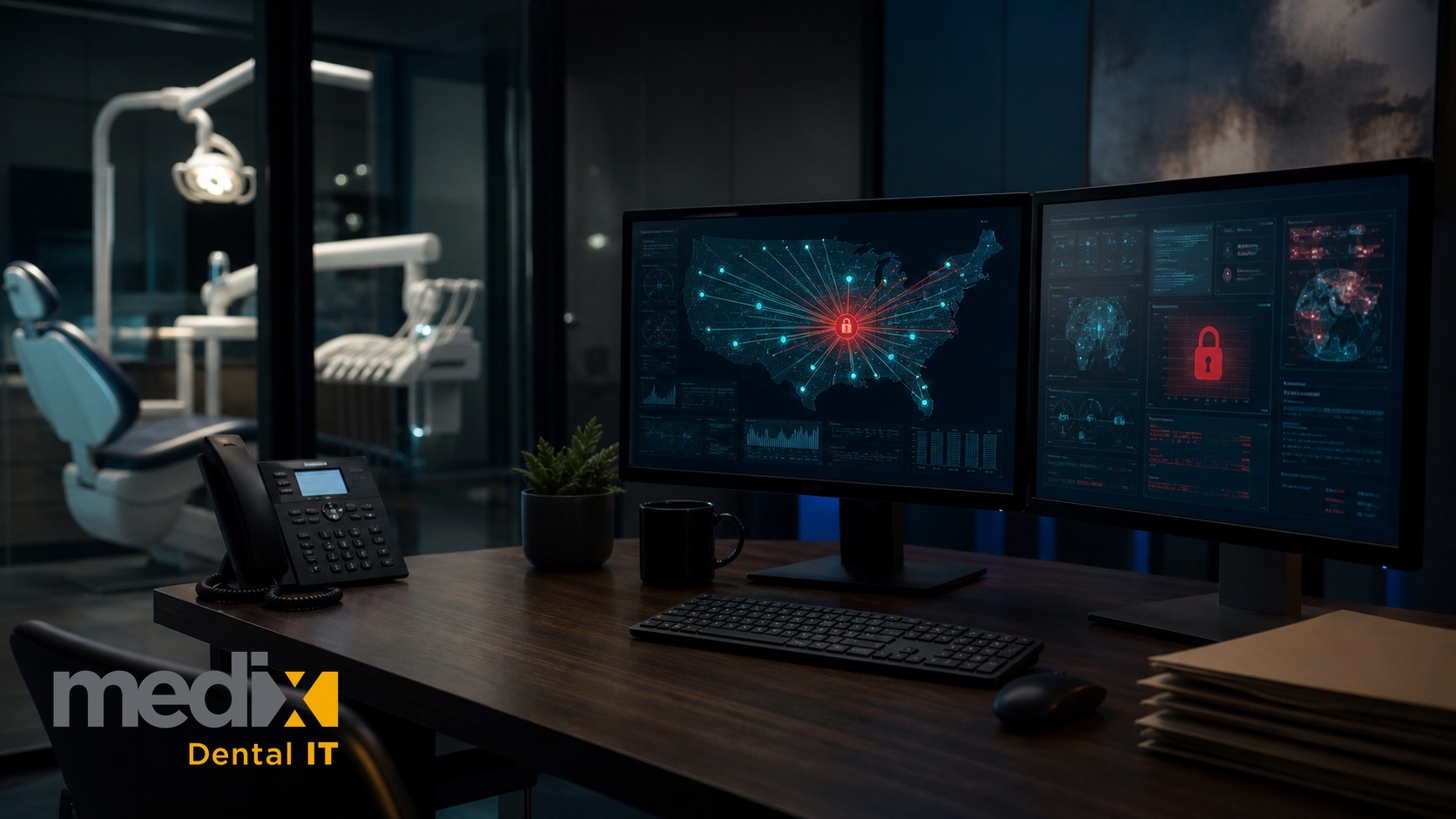 Dark dental office with a monitor showing a US map of connected practice locations radiating from one red central hub