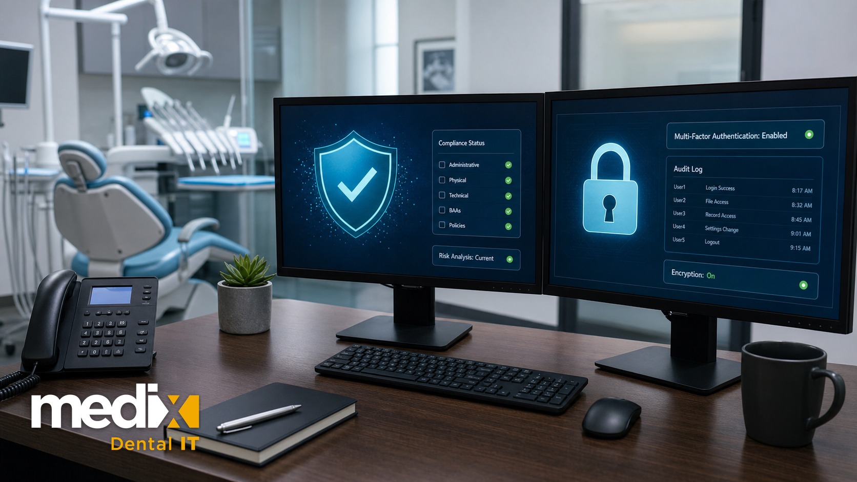 HIPAA compliance dashboard showing safeguard checklist, risk analysis status, MFA, audit log, and encryption on dual monitors in a dental office