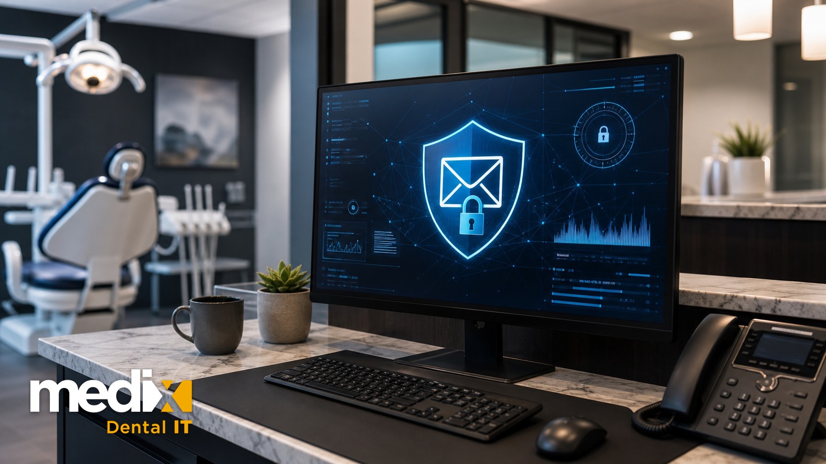 Dental office desk with a monitor showing an encrypted-email security dashboard, Medix Dental IT