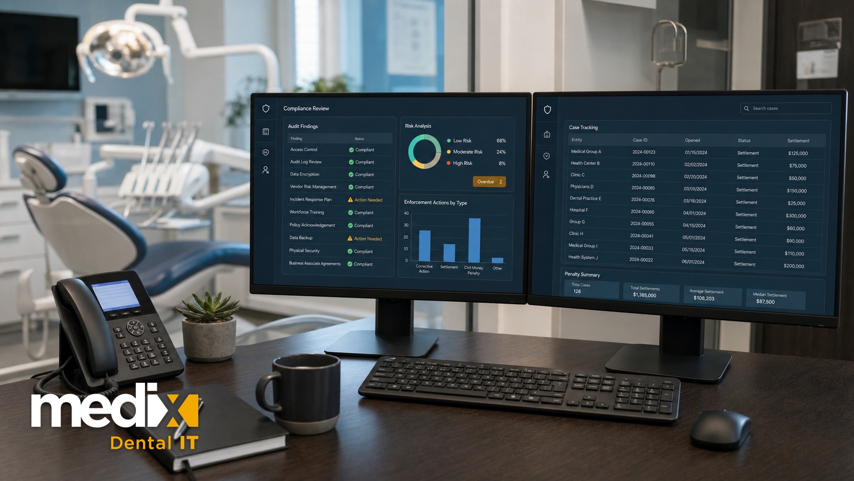HIPAA compliance and enforcement dashboard showing audit findings, an overdue risk analysis, and a settlement case-tracking table on dual monitors in a dental office