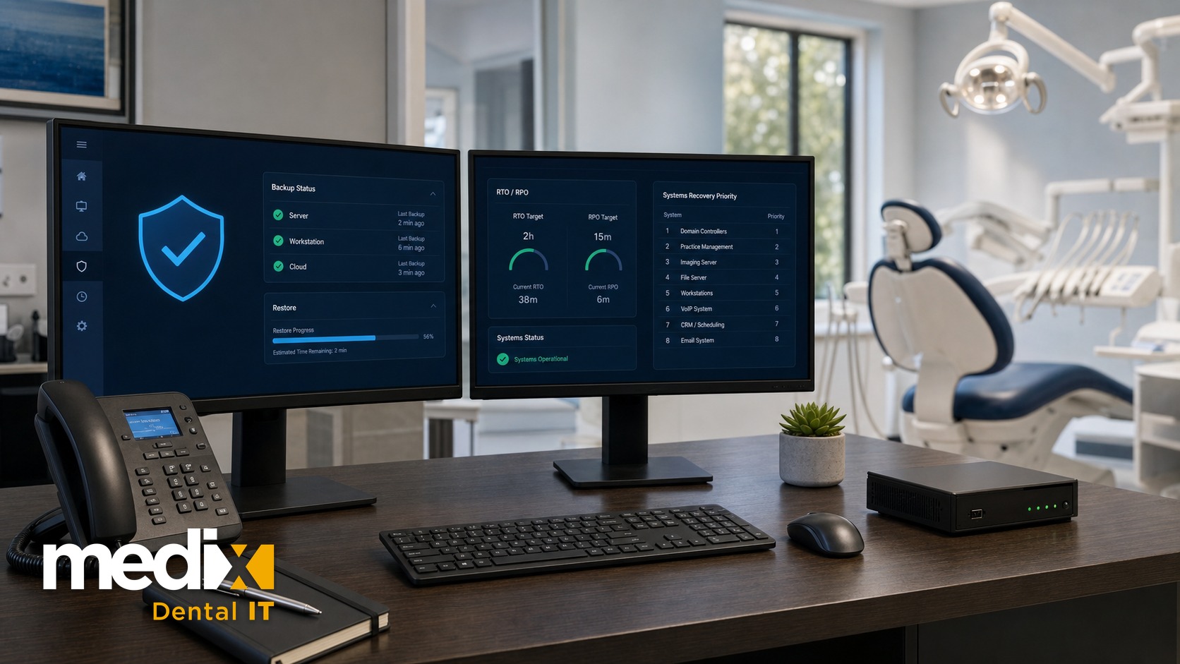 Dental IT disaster recovery dashboard showing backup status, RTO and RPO targets, and a systems recovery priority list on dual monitors in a dental office