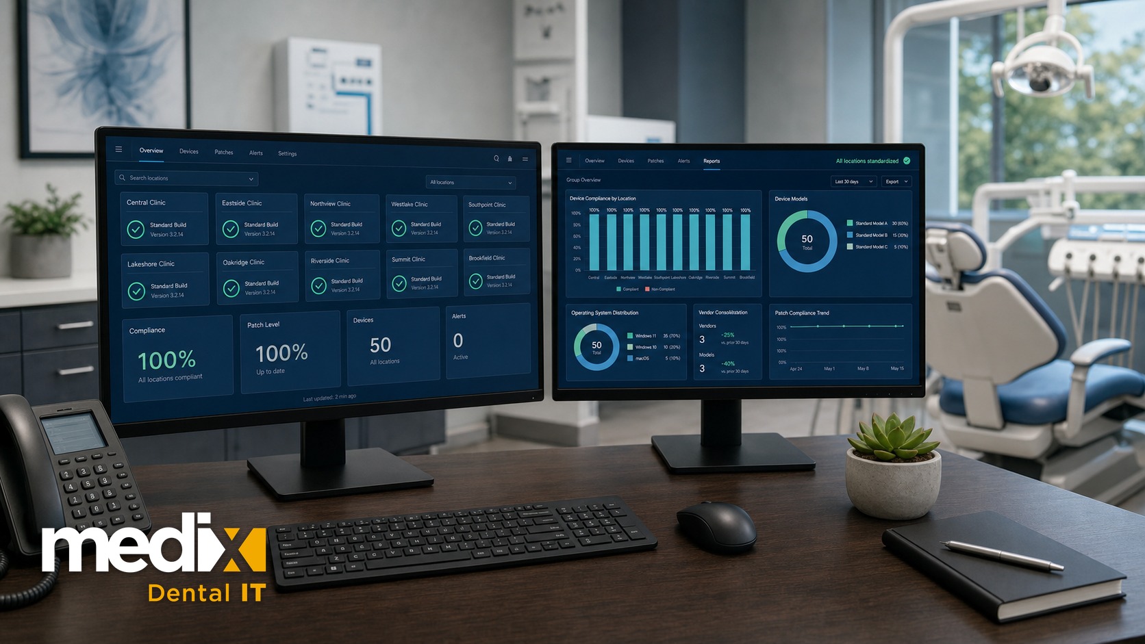 IT standardization dashboard showing every dental location on a matching standard build with 100 percent compliance and group-level reporting on dual monitors