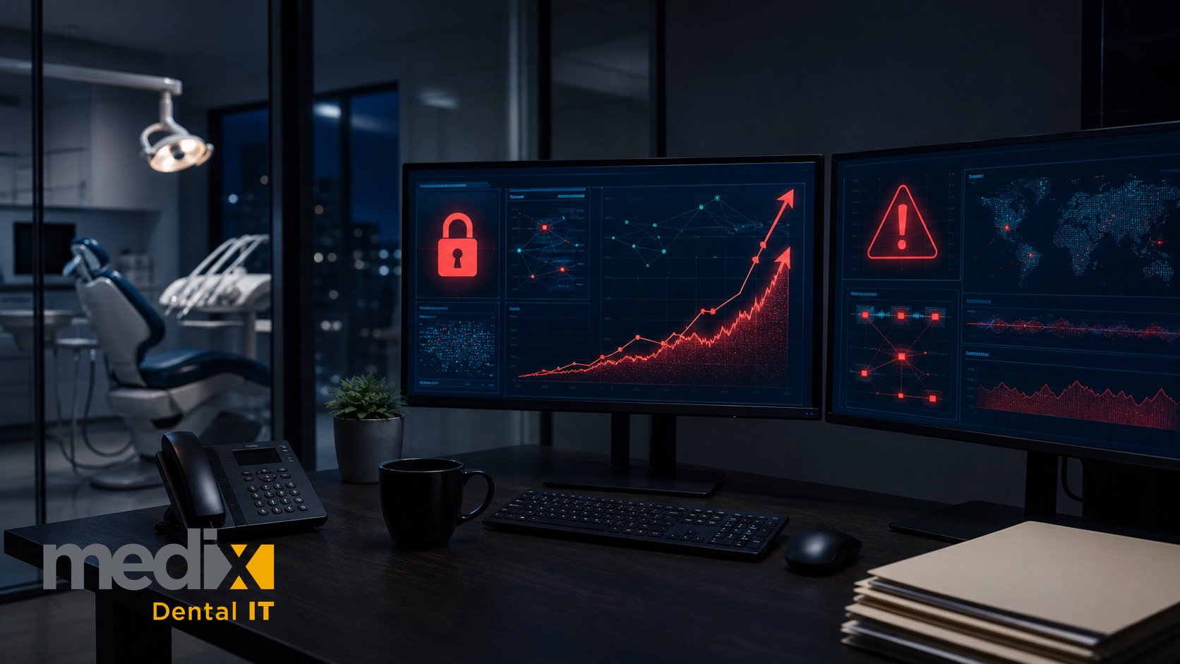 Dark dental office at night with monitors showing a cybersecurity breach dashboard, red padlock, and data exfiltration graph