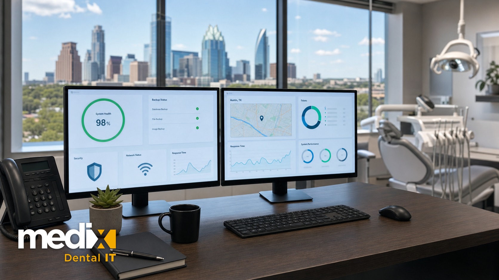 Dental IT support dashboard on dual monitors in an Austin dental office with the Austin skyline in the window