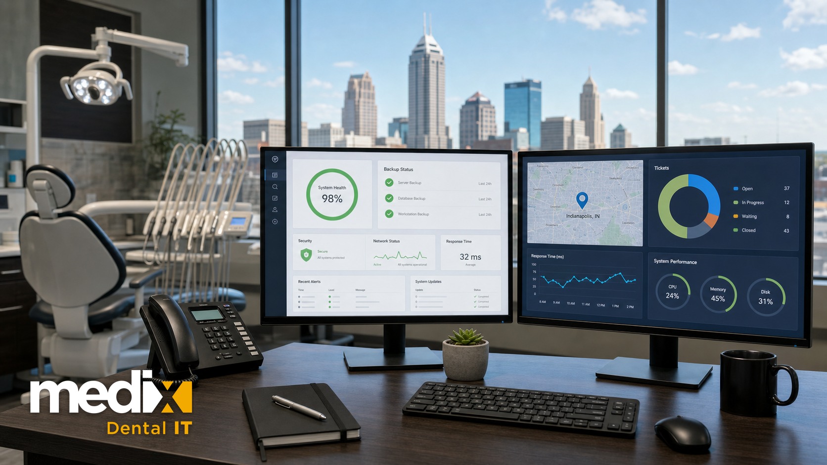 Dental IT support dashboard on dual monitors in an Indianapolis dental office with the Indianapolis skyline in the window
