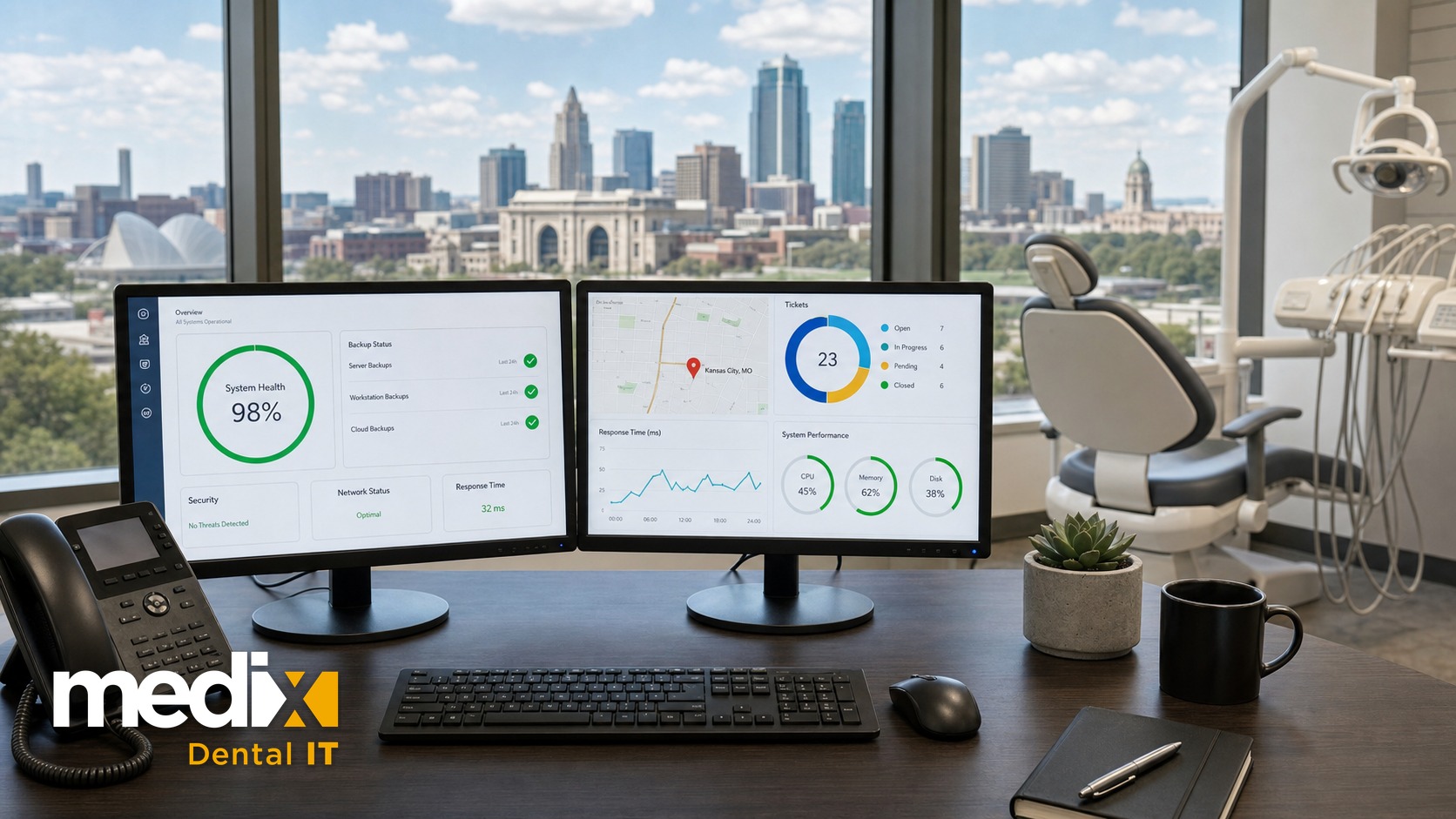 Dental IT support dashboard on dual monitors in a Kansas City dental office with the Kansas City skyline in the window