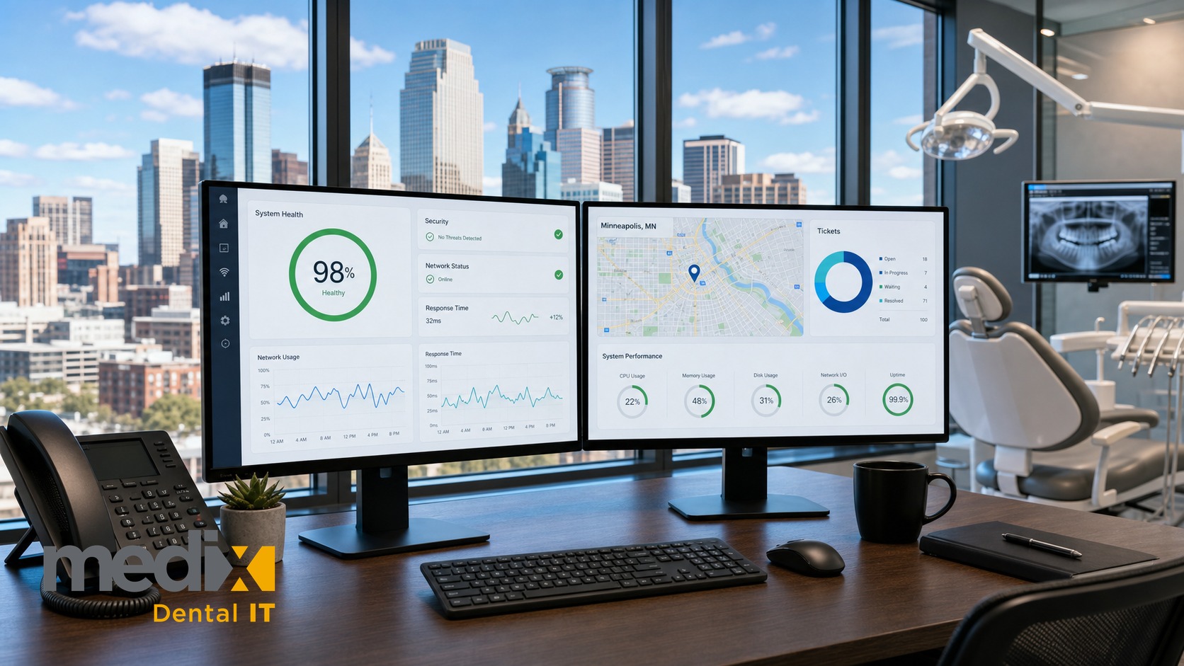 Dental IT support dashboard on dual monitors in a Minneapolis dental office with the Minneapolis skyline in the window