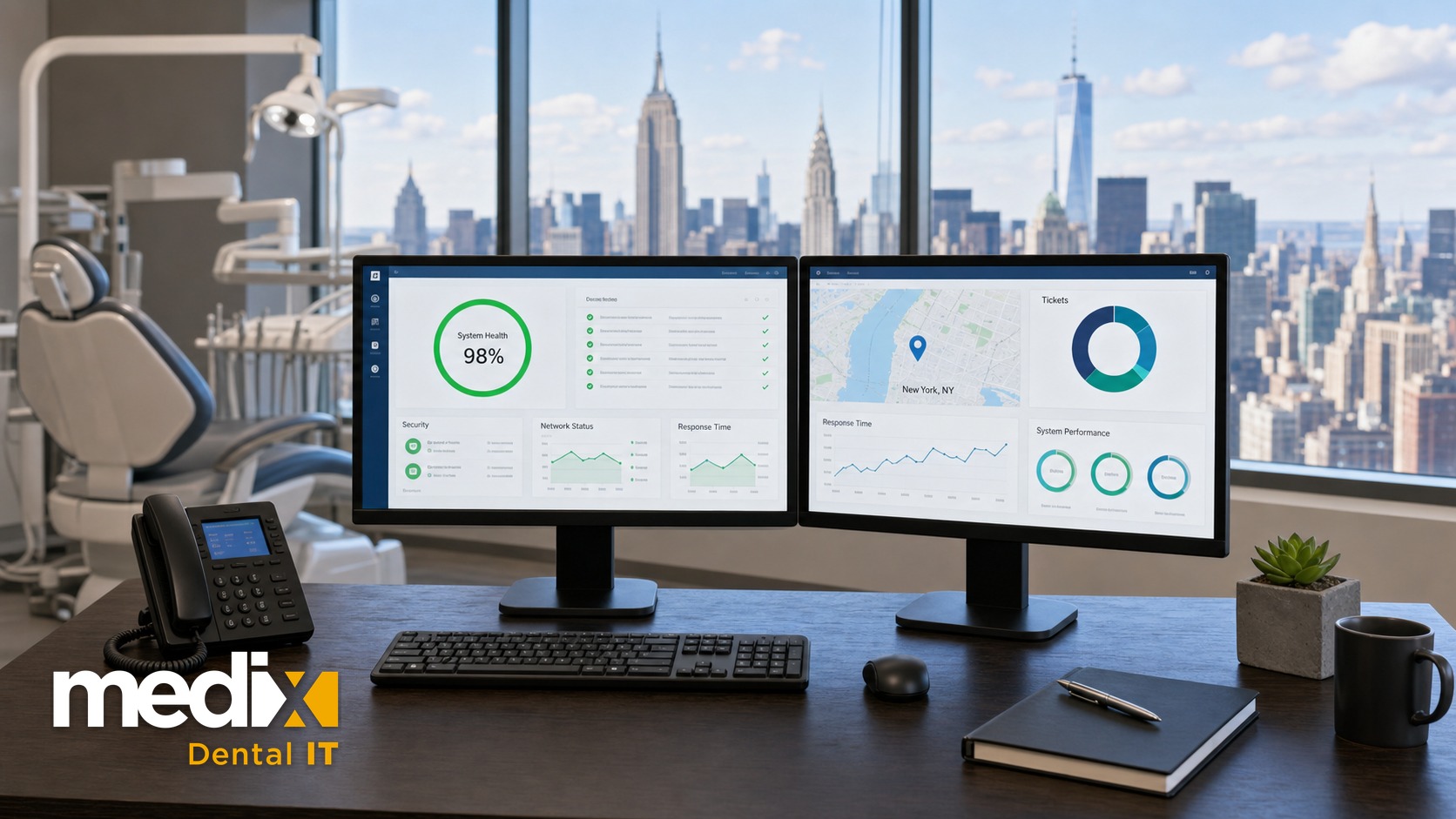 Dental IT support dashboard on dual monitors in a New York City dental office with the Manhattan skyline in the window