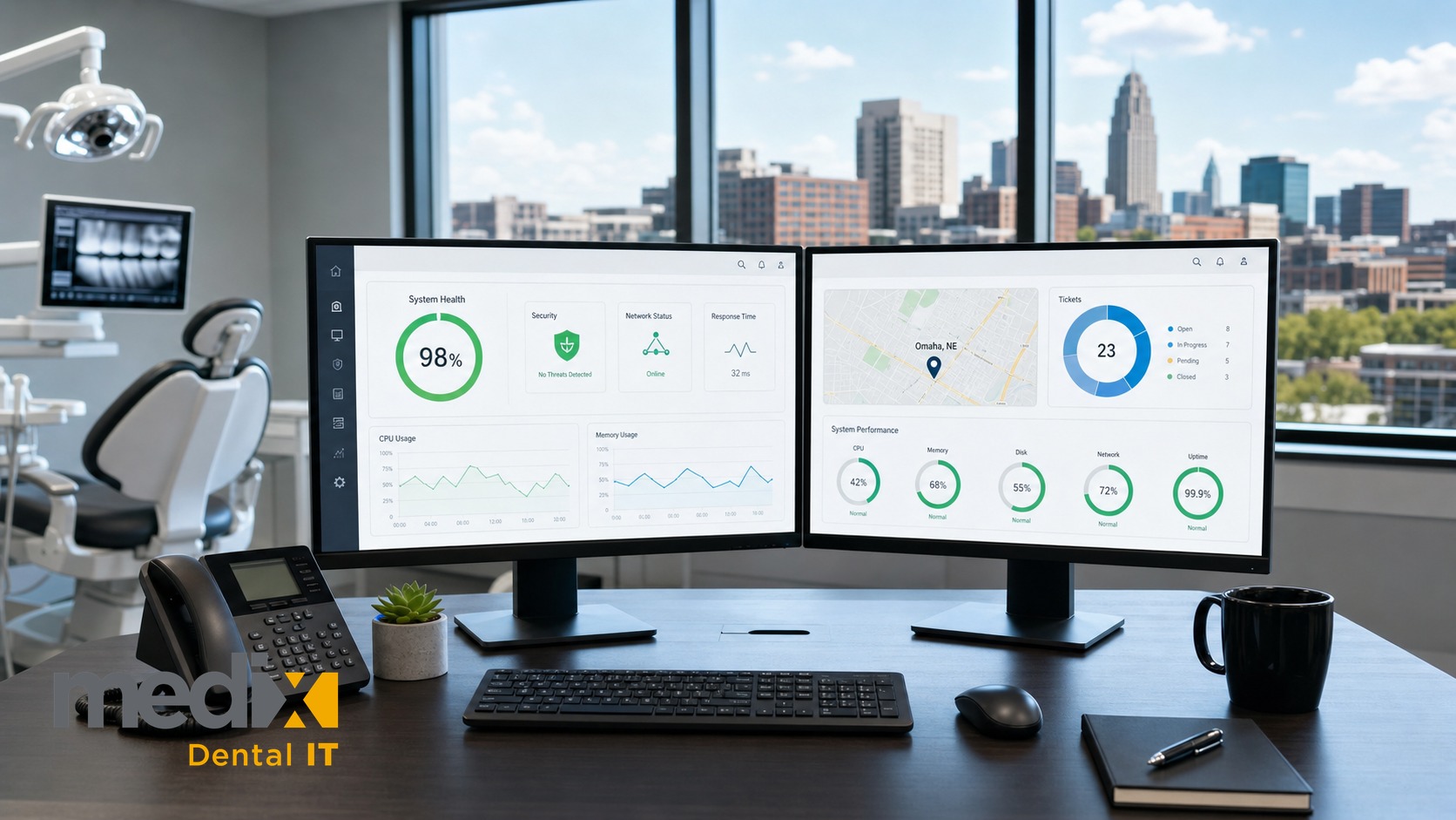 Dental IT support dashboard on dual monitors in an Omaha dental office with the Omaha skyline in the window