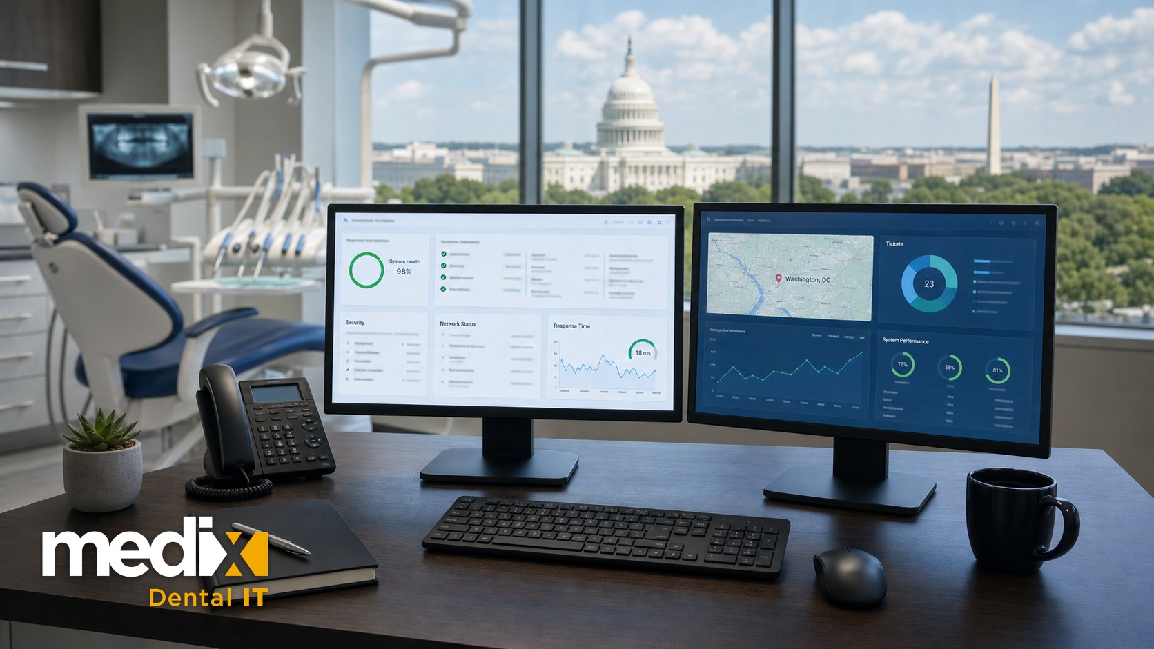 Dental IT support dashboard on dual monitors in a Washington DC dental office with the US Capitol in the window
