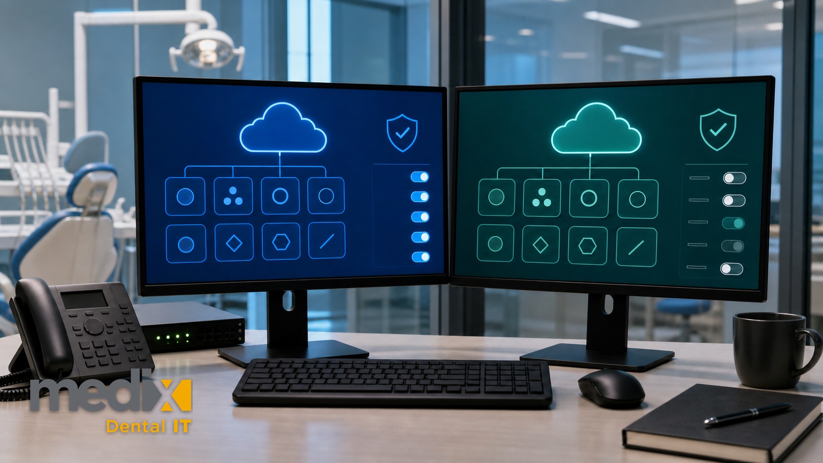 Two monitors side by side in a dental office showing two cloud platform admin consoles, one with all security toggles enabled and one with several toggles switched off