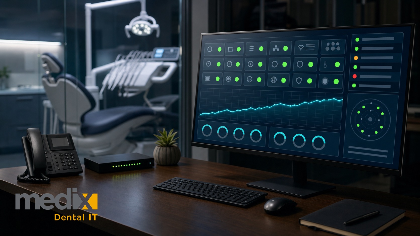 Dental practice back office at night with a network monitoring dashboard showing device health status indicators and an uptime graph