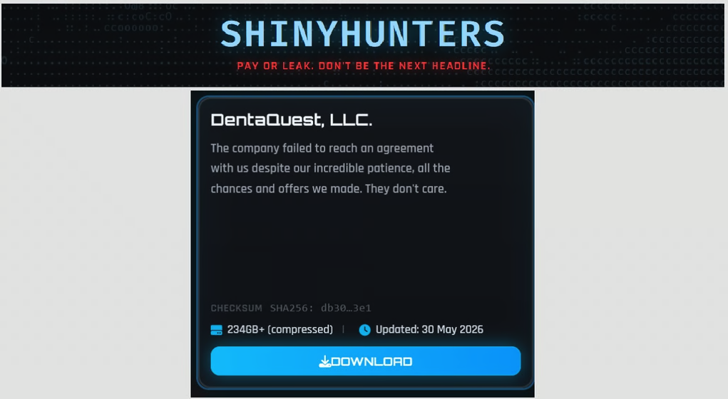 ShinyHunters extortion leak site listing DentaQuest with 234GB of stolen data available for download