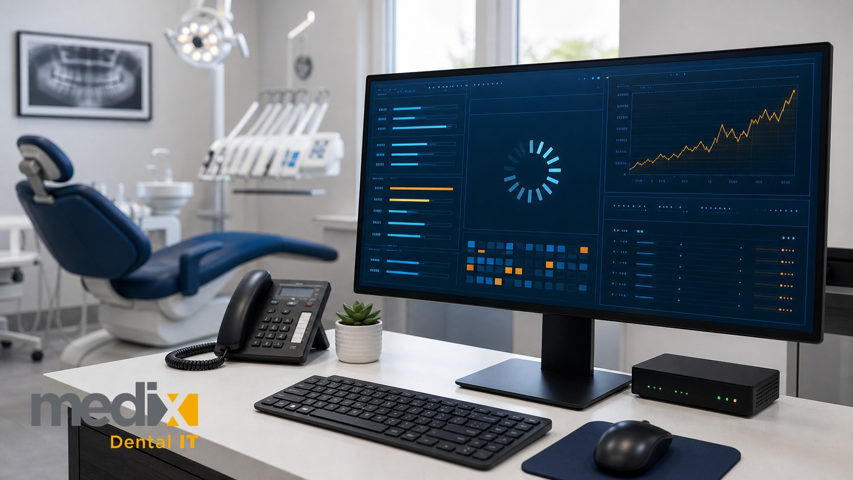 Dental office front desk workstation showing a system performance dashboard with a loading spinner and rising response time graph