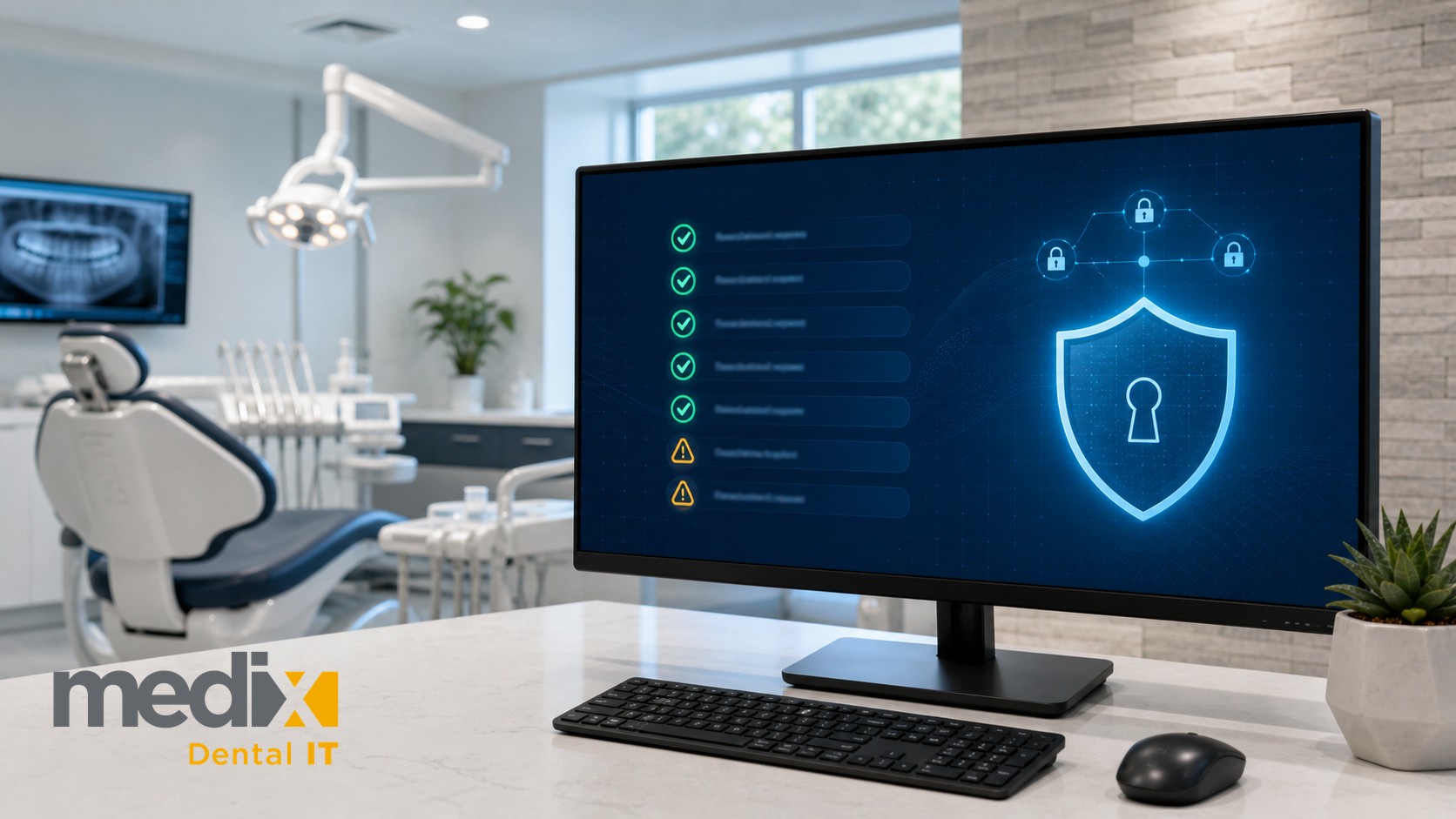 Dental office workstation showing a cyber insurance security control checklist with green checks and amber warnings beside a shield icon