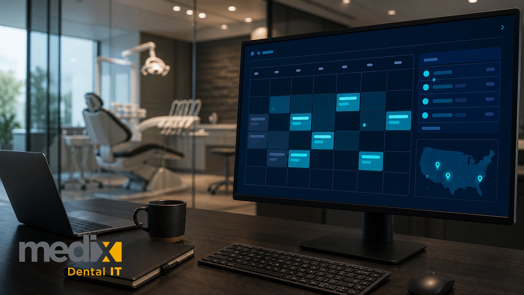 Dental conference and event planning calendar on a dental practice office monitor