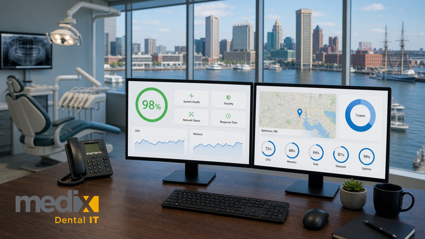Dental IT support dashboard on dual monitors with the Baltimore Inner Harbor skyline behind, dental operatory at left