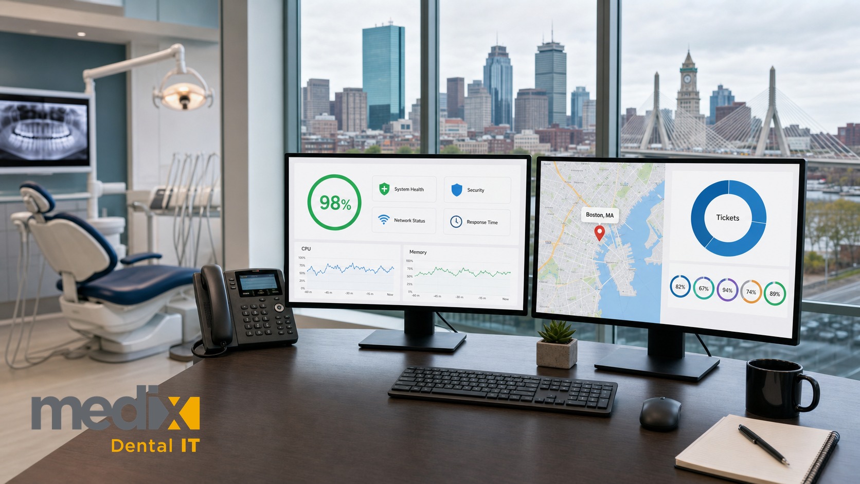 Dental IT support dashboard on dual monitors in a Boston dental office overlooking the city skyline