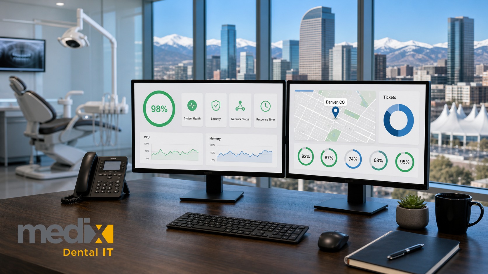 Dental IT support dashboard on dual monitors in a Denver dental office overlooking the skyline and Front Range