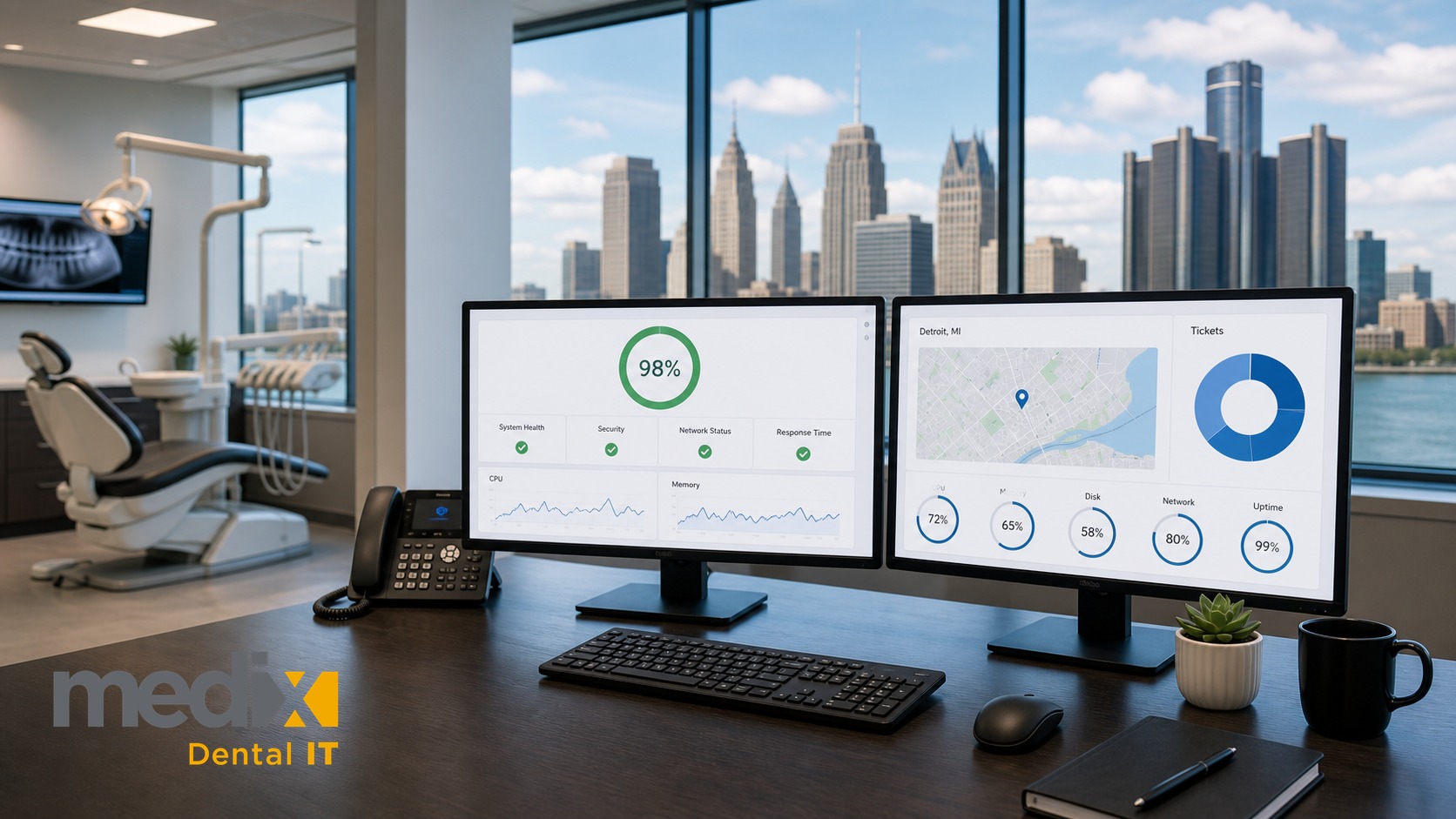 Dental IT support dashboard on dual monitors in a Detroit dental practice with the Detroit skyline and Renaissance Center visible through the window