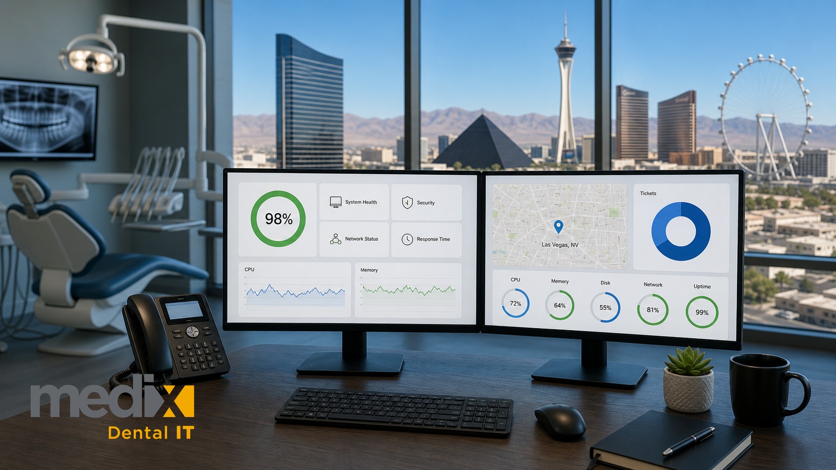 Dental IT support dashboard on dual monitors with the Las Vegas Strip skyline behind, dental operatory at left
