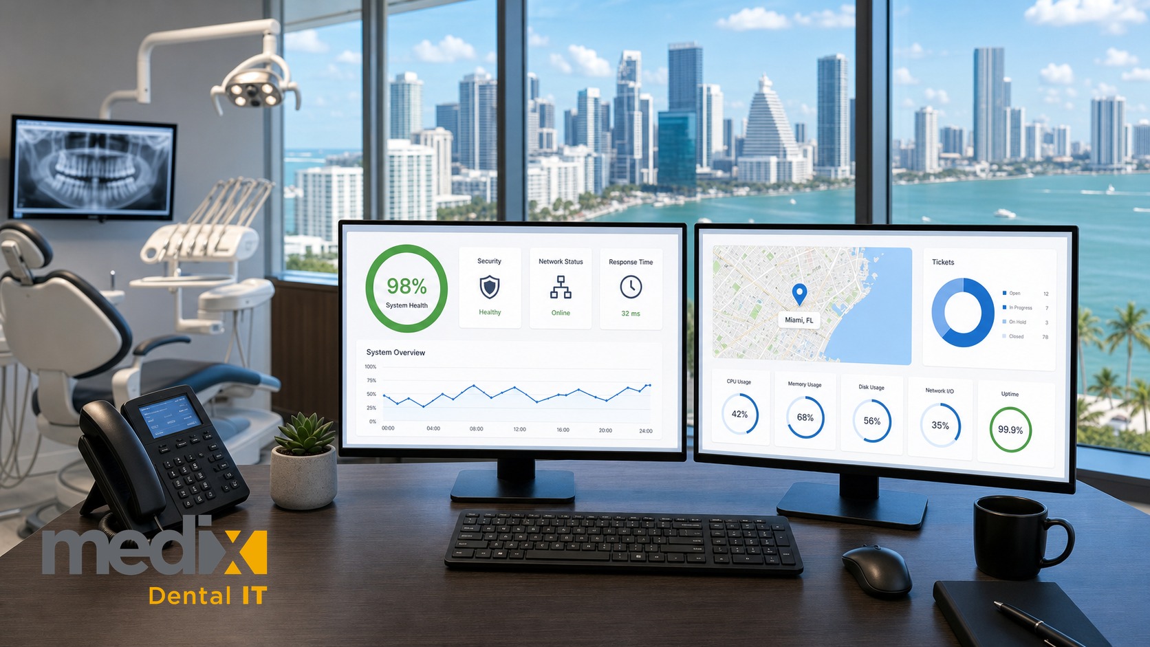 Dental practice IT dashboard on dual monitors with the downtown Miami skyline and Biscayne Bay in the background