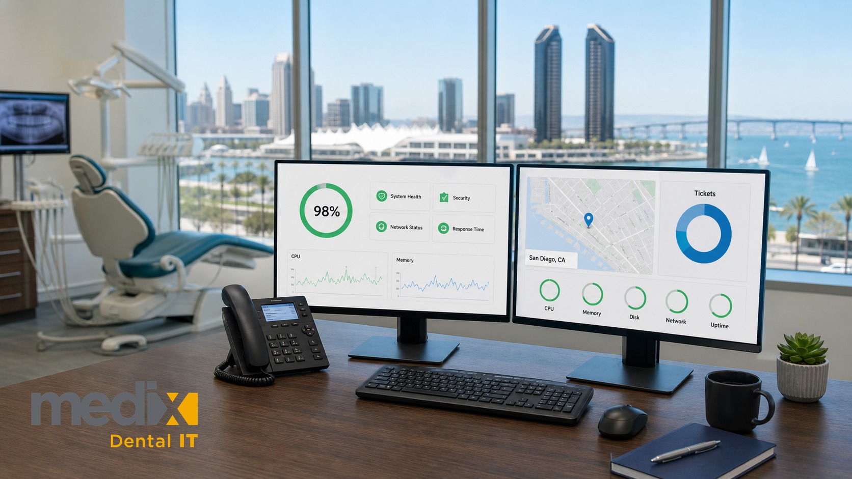 Dental IT support dashboard on dual monitors with a San Diego skyline and bay view behind, dental operatory at left