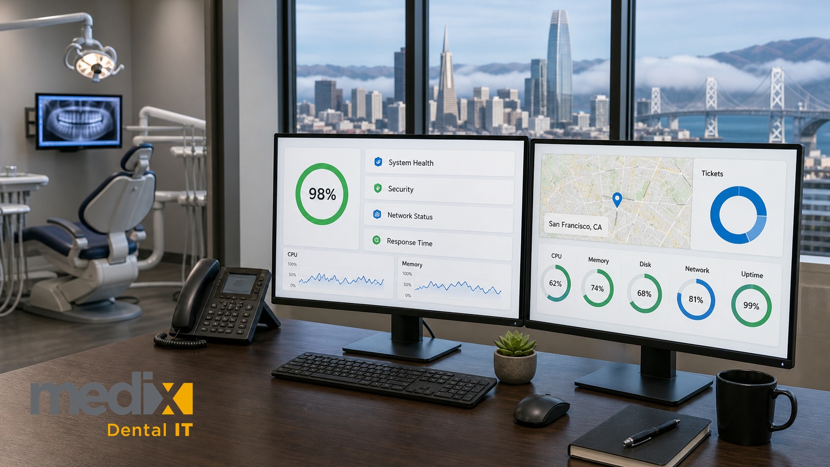 Dental practice IT dashboard on dual monitors with the San Francisco skyline and Bay Bridge visible through the window