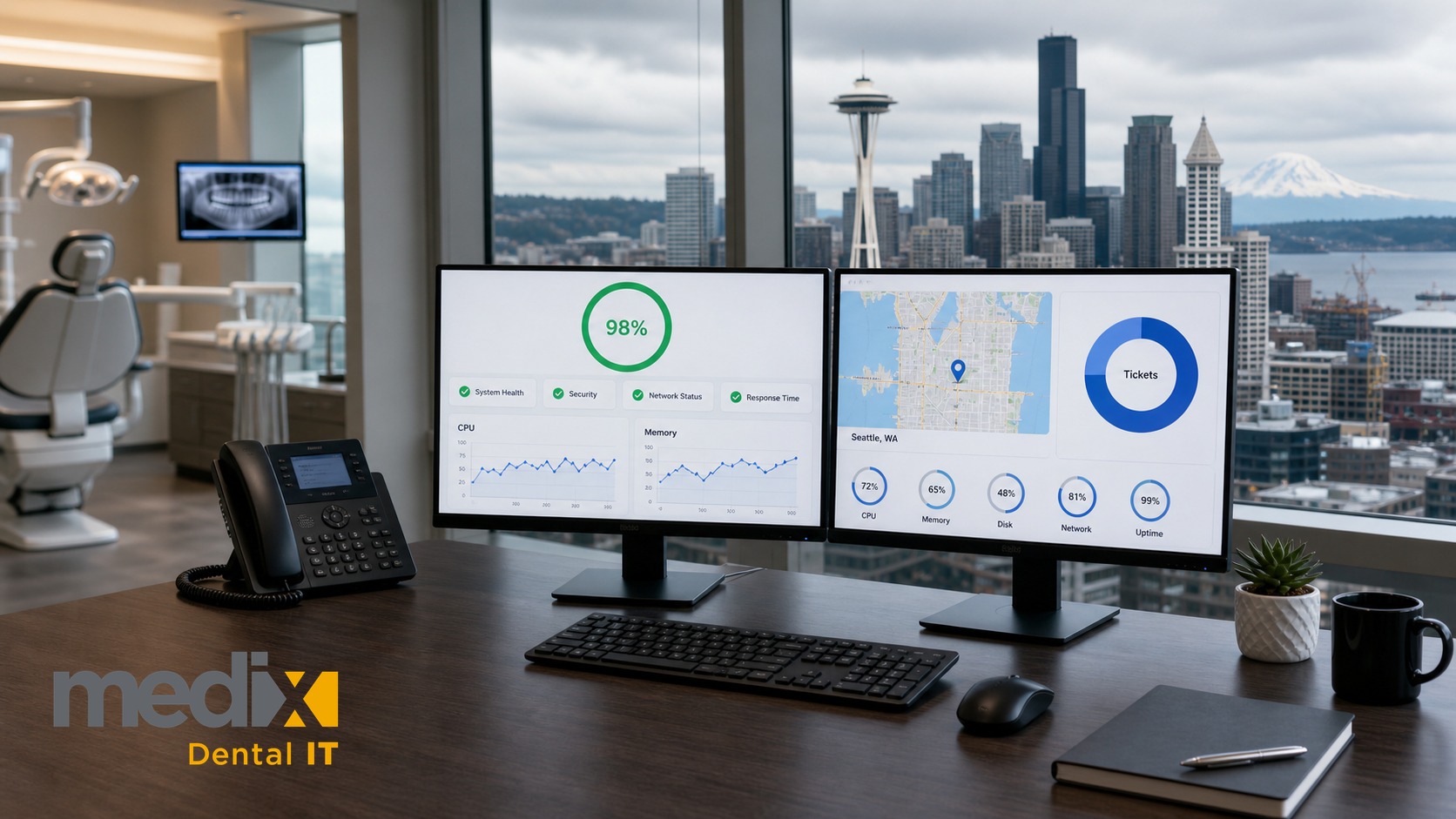 Dental IT support dashboard on dual monitors in a Seattle dental practice with the Seattle skyline and Mount Rainier visible through the window