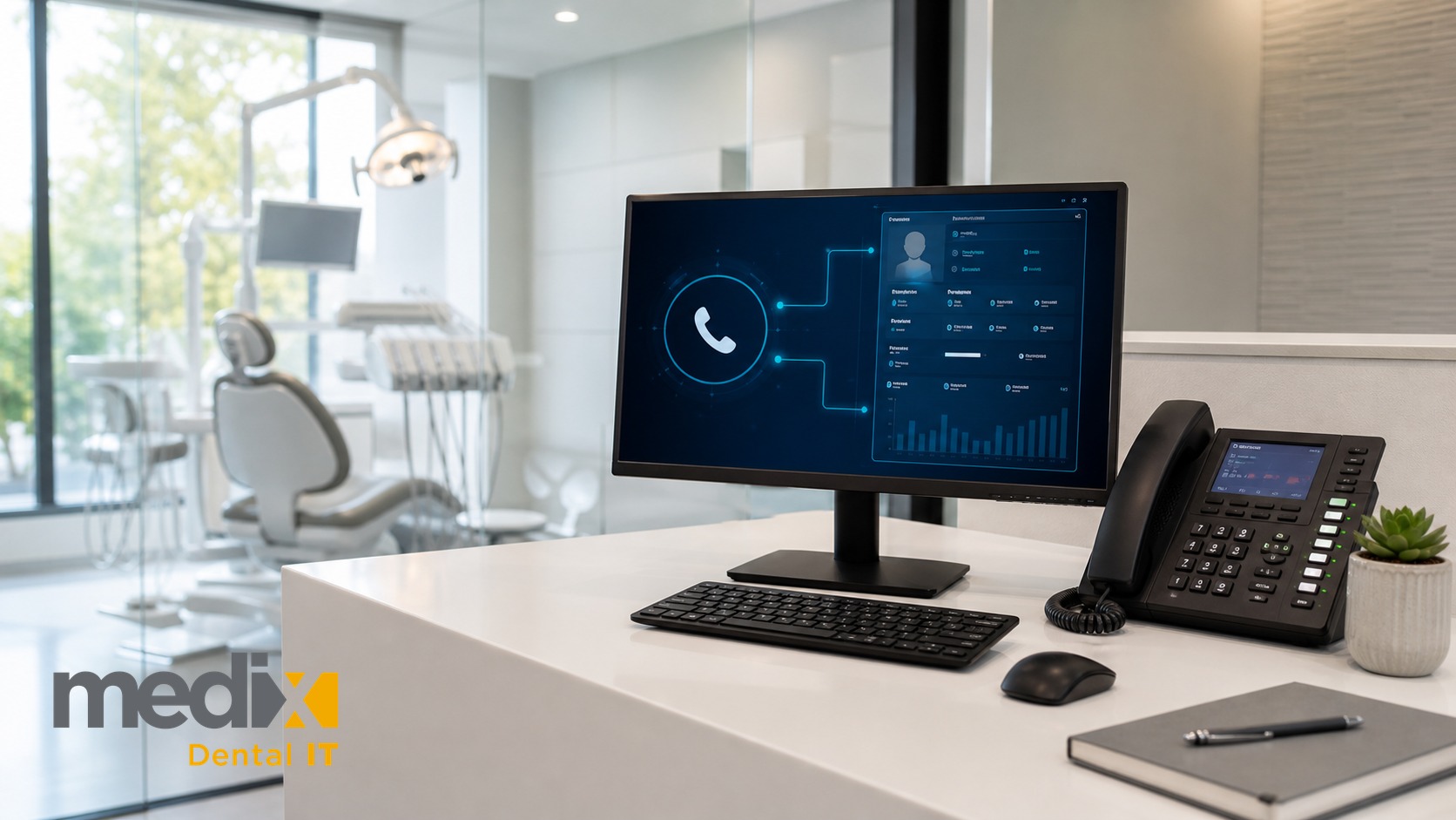 Dental office front desk with a VoIP phone and a monitor showing an incoming call connected to a patient record
