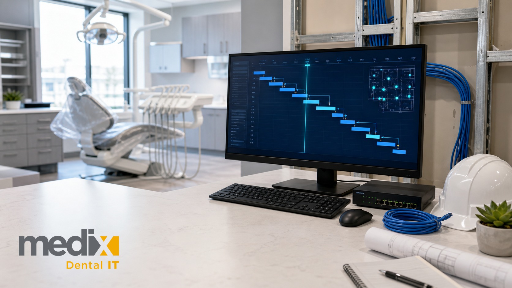 Project timeline on a monitor in a dental office under construction, with network cabling and blueprints on the desk