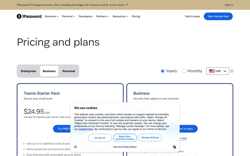 1Password business plan pricing page screenshot