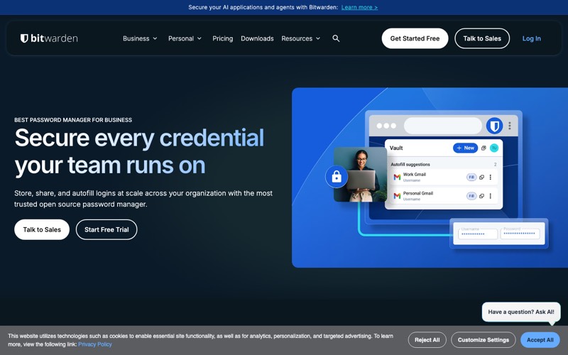 Bitwarden business password manager plans page screenshot